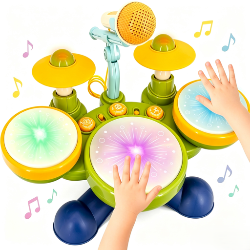 Children's drum set with adjustable volume and microphone