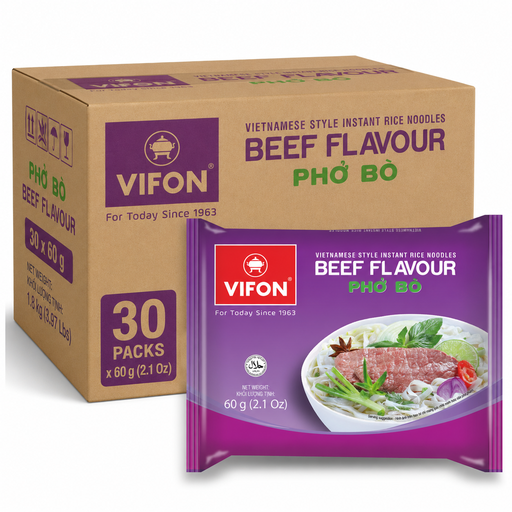 Box of Vifon Instant Rice Noodle Beef Pho Bo, 30 × 60 g