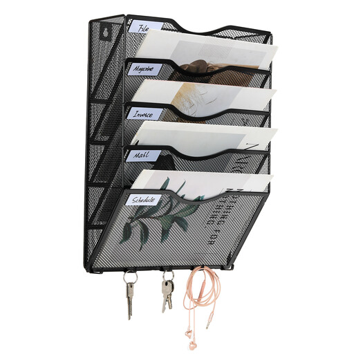 Senhoglb 5 Tier A4 Mesh Wall Pocket File Holder with 5 Hooks