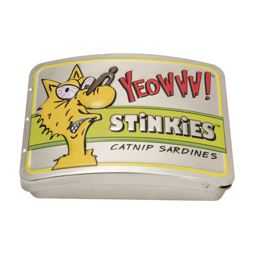 A trio of sardine-shaped catnip toys in a tin-like package