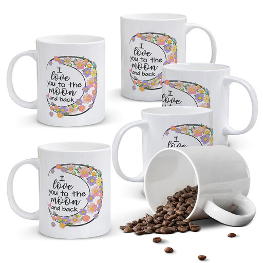 A white ceramic mug with the text 'I Love You To The Moon And Back' surrounded by a floral wreath