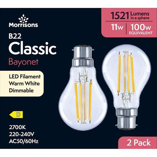 Morrisons Light Bulb LED Globe Filament Bayonet B22 Warm White 11W 1521 Lumens Dimmable 2 Pack