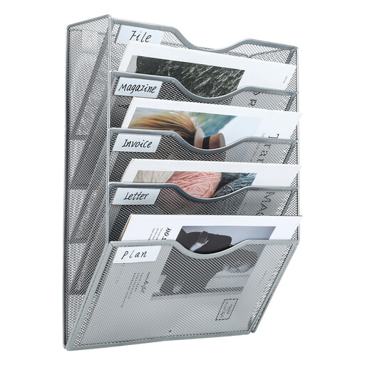 Senhoglb 5 Tier A4 Mesh Wall Pocket File Holder, Silver