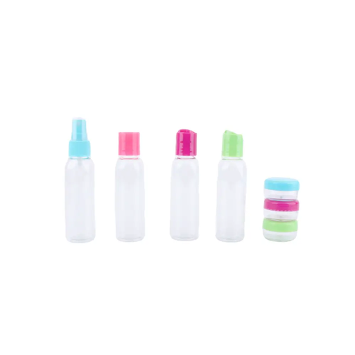 A clear travel pouch containing several small bottles