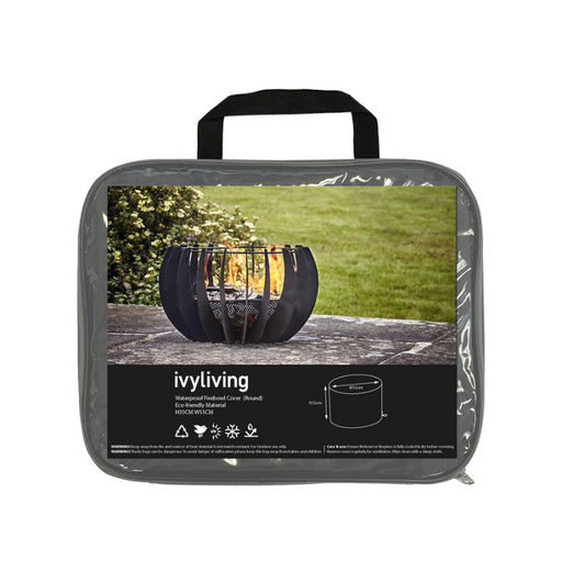 A round, black waterproof cover for a fire pit