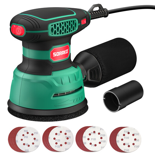 SORAKO 350 W 偏心砂光机，125 mm 随机轨道砂光机，6 档可调速度，附带 16 张砂纸，配备集尘和快速制动功能