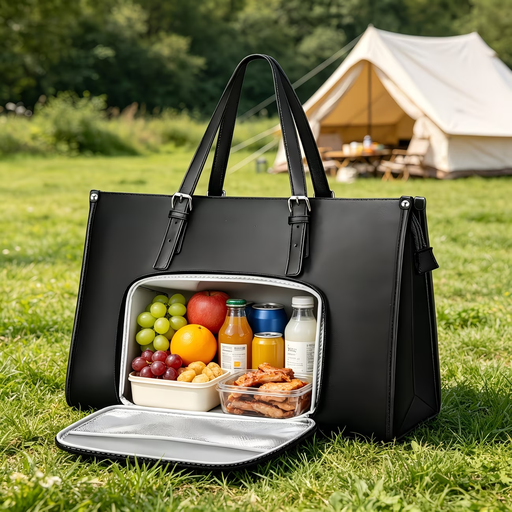 Black PU Leather Laptop Tote Bag with Lunch Compartment