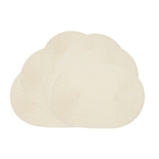 A set of six round, hand-woven placemats in a neutral pearl rice colour.