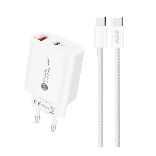 A6MaxL 20W USB-A USB-C Wall Charger with USB-C - USB-C 1m Cable - White