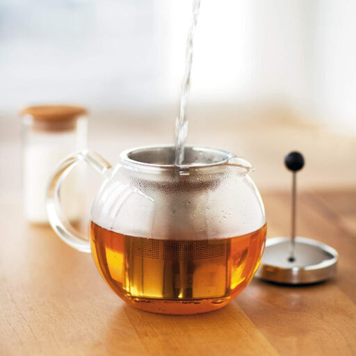 Bodum Assam Tea Press 0.5L in a clear glass design with a stainless steel filter.