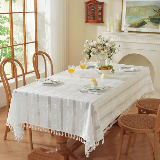 Hemstitched Embroidery Striped Boho Tablecloth