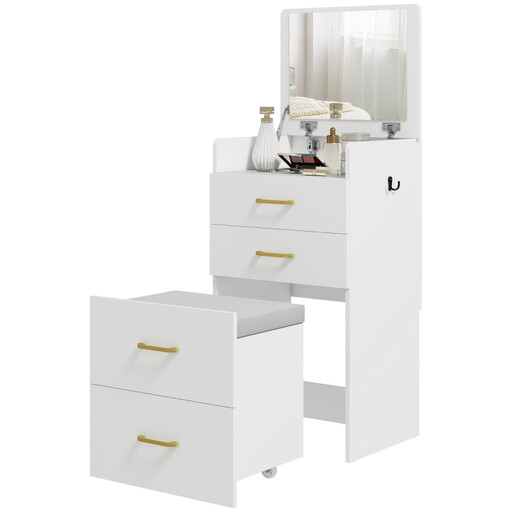 3-in-1 Dressing Table with Mirror, Nightstand, Rolling Stool, Drawers, White