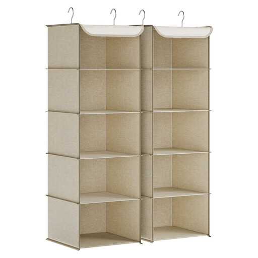 Ochama Set of 2 Hanging Storage Organisers, Wardrobe Hanging Storage, Space-Saving, Metal Hooks, for Closet, Beige