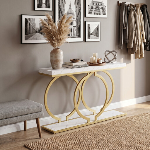 Console Table， 140 cm， Narrow， for Entryway or Sofa， Geometric Metal Frame