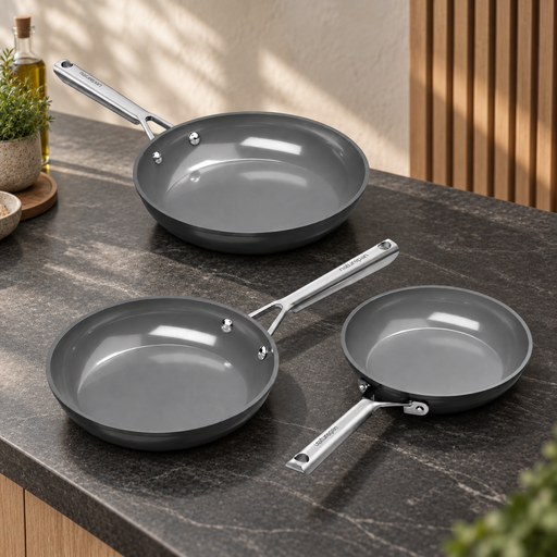 Naturepan Frying Pan Set Ceramic Coated Aluminium Non Stick Induction Compatible 20 24 28 cm Beige White 3 Piece Set