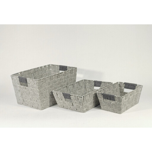 A set of three grey woven cotton baskets of different sizes