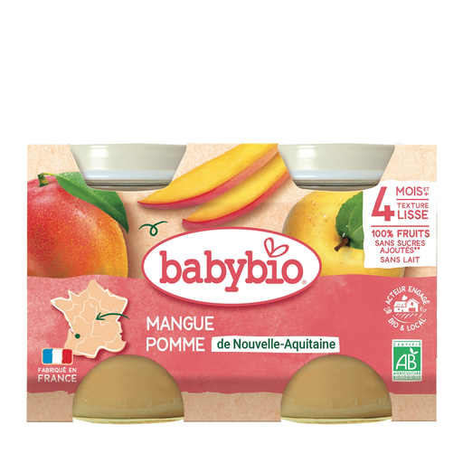 BABYBIO organic apple and mango purée, two 130 g pots, from 4 months
