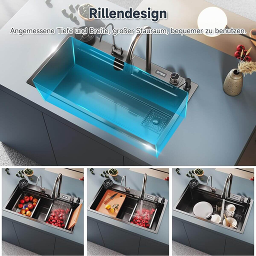 SONNI Einbau Edelstahl Wasserfall Küchenspüle, Schwarz, 75 x 45 x 23cm, mit Temperaturanzeige und Abtropffl?che