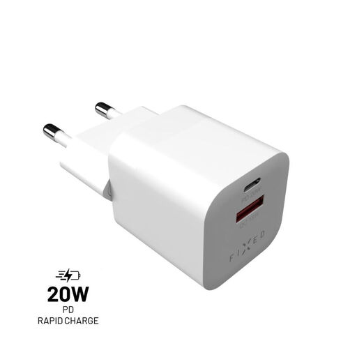 FIXED Mini USB-C/USB Travel Charger 20W, White