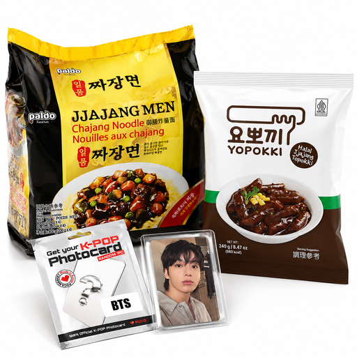 Paldo Jiajiangmen 4 Packs & BTS Random Photocard & Yopokki Jjajang Pouch