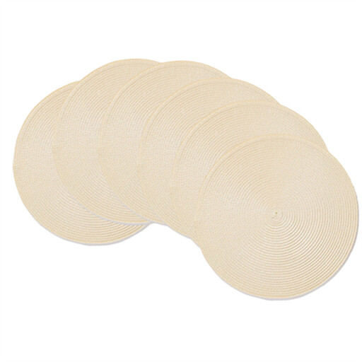 A set of six round, beige-coloured placemats made of woven polypropylene.