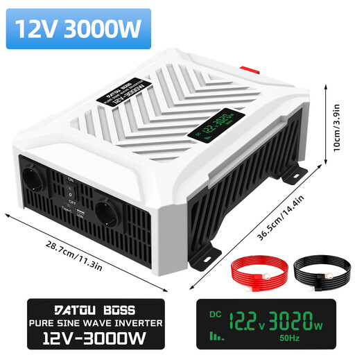 DATOUBOSS 3000W Pure Sine Wave Inverter 12V to 230V, 6000W Peak Power Converter with LCD and Dual Cooling Fans for RV, Solar and Boat