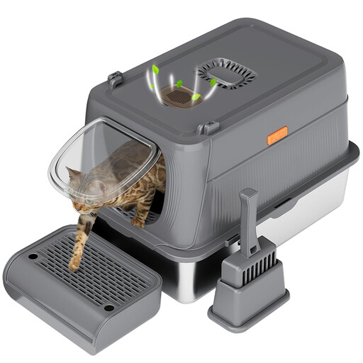 A large, enclosed stainless steel cat litter box with a grey lid and a front entrance flap.