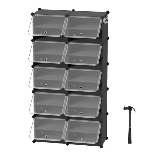 JOYFURNOS Modular Shoe Storage Cabinet, 10-Compartment Organiser with Doors, Plastic Panels and Steel Frame, Entryway, Black