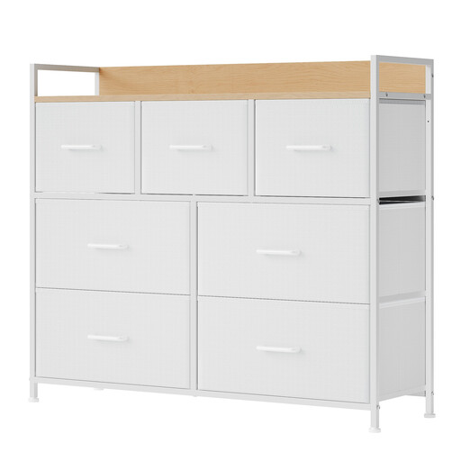 Commode 7 Tiroirs, Style Moderne, Blanc et Chêne