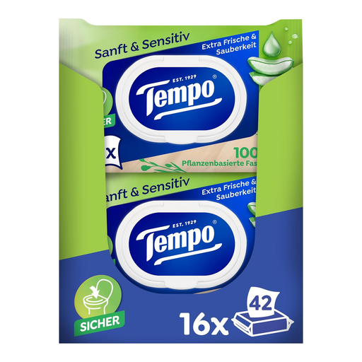 Tempo Wet Toilet Paper Gentle Sensitive 16 Packs of 42 Wipes