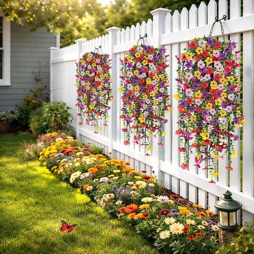 Fünf verschiedene künstliche Hängepflanzen mit bunten Blüten und Eukalyptusblättern