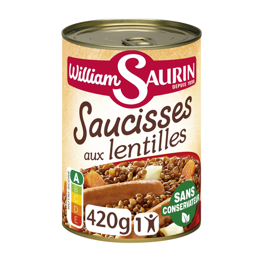 William Saurin, assiette individuelle de lentilles et saucisses, 420 g