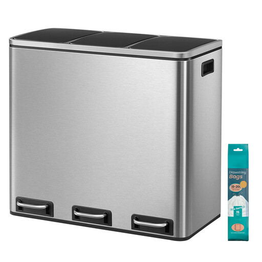 Ochama Triple Compartment Recycling Bin, 3 x 18L, Zilver en Zwart