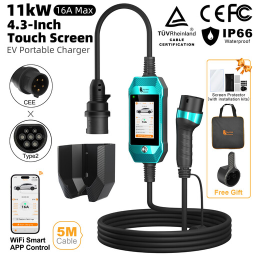 feyree EV Charger 16A 11kW 3P 4.3inch Touch Screen & Charge History Type 2 Portable Charger Smart APP WiFi Control for EV Cars