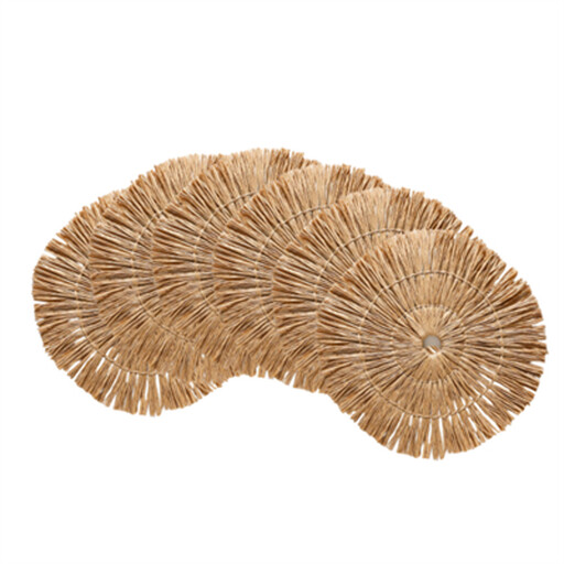 A set of six round placemats hand-woven from papyrus in a khaki colour