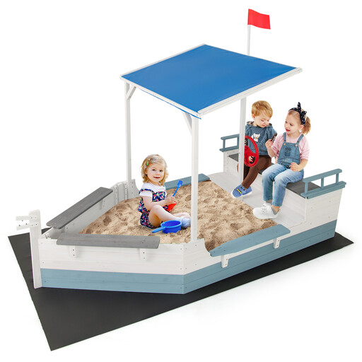 Bac à sable bateau pirate avec toit, drapeau, gouvernail et banc