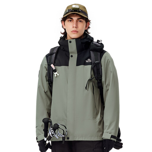 PELLIOT Fleece-Lined Splicing Color Jacket for Men Manmu Black Green L Camping Travel Waterproof Durable