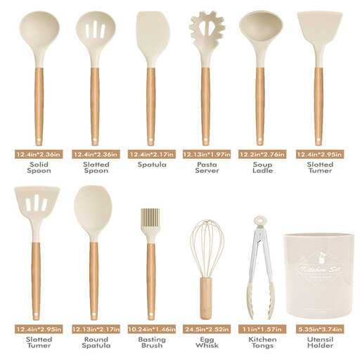 MEOKY 12pcs Silicone Kitchen Utensil Set with Small Holder - White