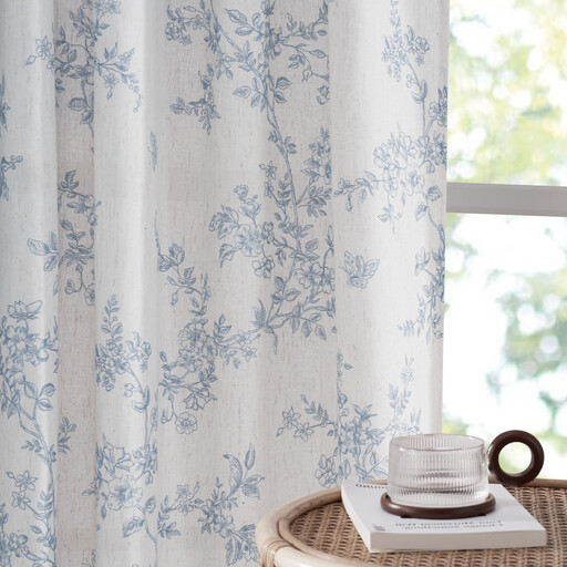 PONY DANCE Floral Curtains for Living Room, Semi Sheer Linen Drapes, 2 Panels, W132 x L245 cm, Blue