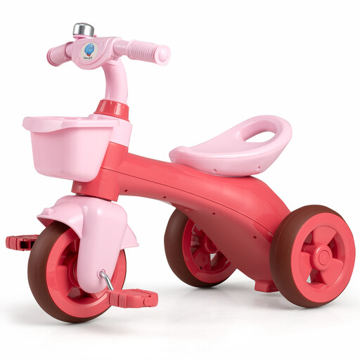 Children’s Three-Wheel Bike with Steering Limiter, Front Basket, and Bike Bell - Pink