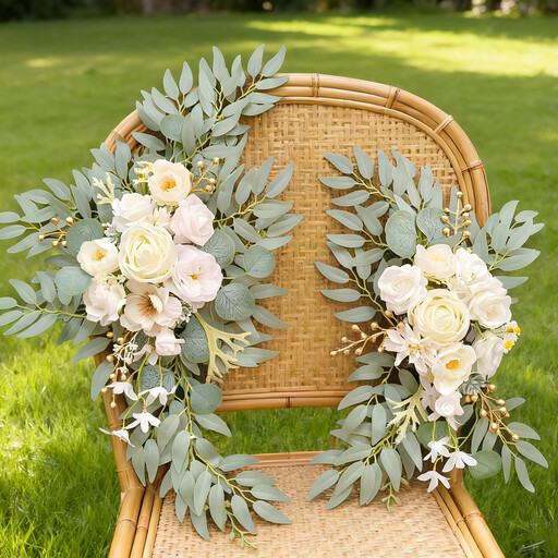 Set of two white artificial floral arrangements for a wedding welcome sign