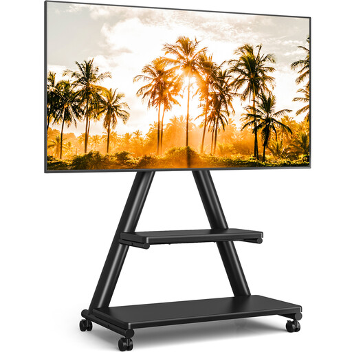 A mobile TV stand on wheels with two shelves holding a large TV and media devices