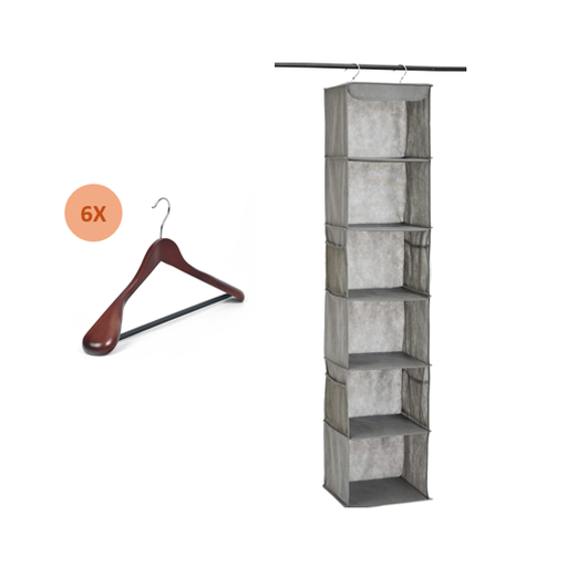 [Wardrobe Organization Set] 6 Solid Wood Hangers + 6-Tier ANQI Organizer