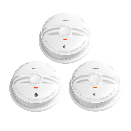 Heiman Smoke Detector, Wireless Radio-Networkable, Up to 40 Networkable Alarms, 85dB, 10-Year Battery, EN14604, With Mute Switch (Model 633 - 3 Pieces)