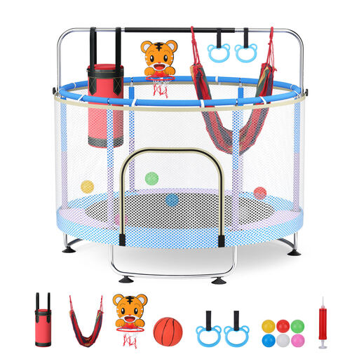 59-inch 6-in-1 children’s trampoline with safety net, handle, swing and basketball hoop