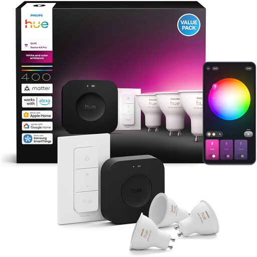 Philips Hue Starter Kit - White & Colour Lighting - 1 Bridge Pro - 3 GU10 Bulbs, 400 Lumens - 1 Dimmer Switch