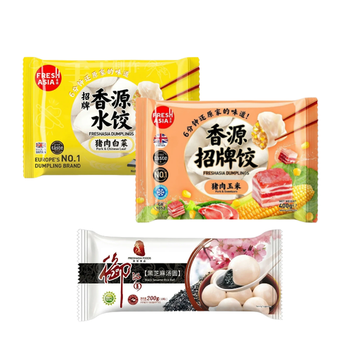 FRESHASIA Dumplings Pork and Corn 400 g + Pork and Cabbage 400 g + Black Sesame Glutinous Rice Balls 200 g