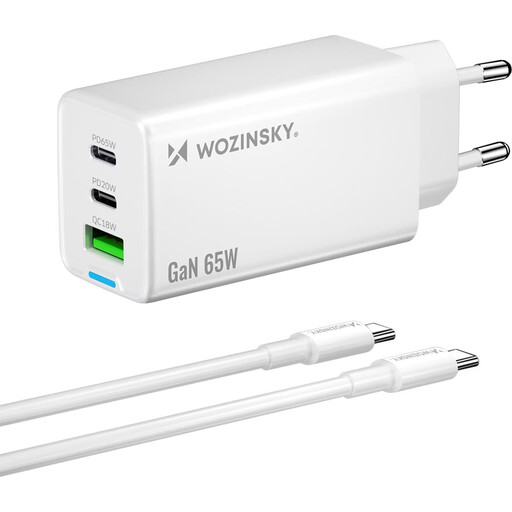 Wozinsky 65W GaN Charger with 2x USB-C Ports + 65W CC Cable - White