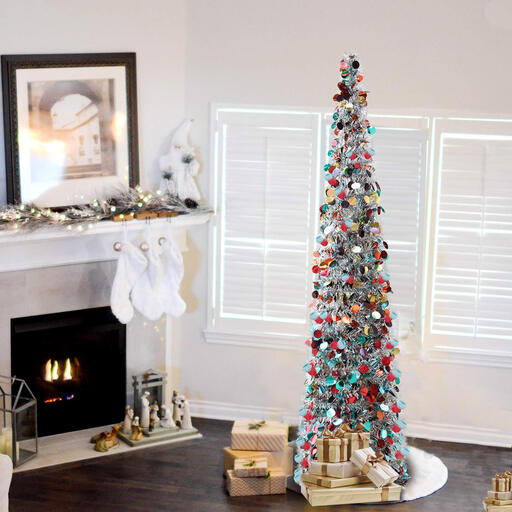 Collapsible Artificial Christmas Tree 152 cm with Tinsel and Stand, Multicolour