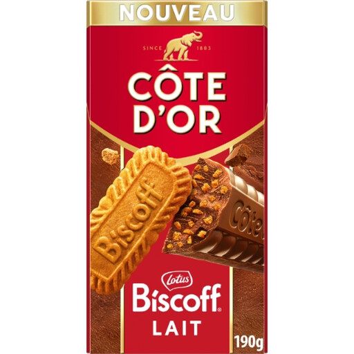 C?TE D'OR Tablette Chocolat au Lait Fourrage Biscuit Lotus Biscoff 190g